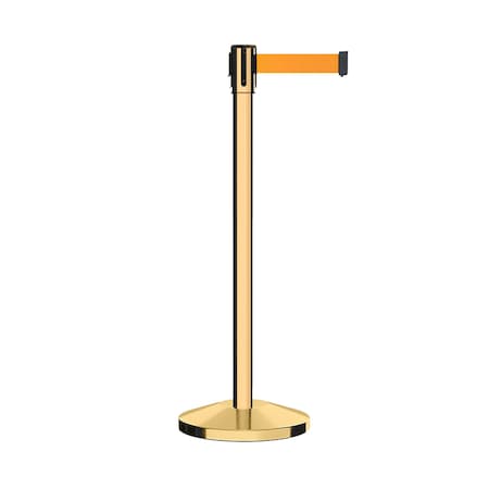 Retractable Belt Barrier Stanchion, 2 Pol.Brass Post  9' Fl.Org Belt